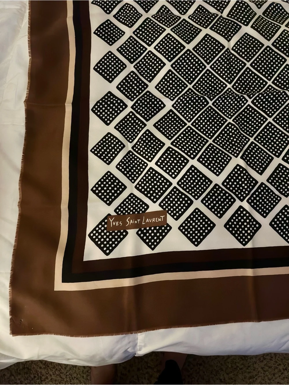 Vintage Yves Saint Laurent Signed Square Scarf Brown Geometric Designer Parisian